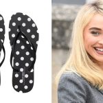 still shot of old navy polka dot flip-flops; sabrina carpenter smiling while slightly turned away from the camera