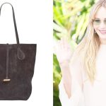 liffner suede tote bag over white background; jennifer lawrence wearing sunglasses and waving at a camera