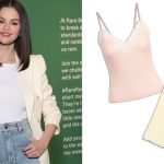 selena gomez posing for papparazzi over a green background; two camisoles in pink and yellow over a white background