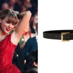 taylor swift spotted dancing in a red sparkly gown; black leather belt with gold hardware and a chain