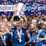 MOTHERWELL, SCOTLAND - MARCH 22: Rangers captain Nicola Docherty lifts the trophy during the Sky Sports Cup Final between Rangers and Hibernian at Fir Park, on March 22, 2025, in Motherwell, Scotland. (Photo by Ross Parker / SNS Group)
