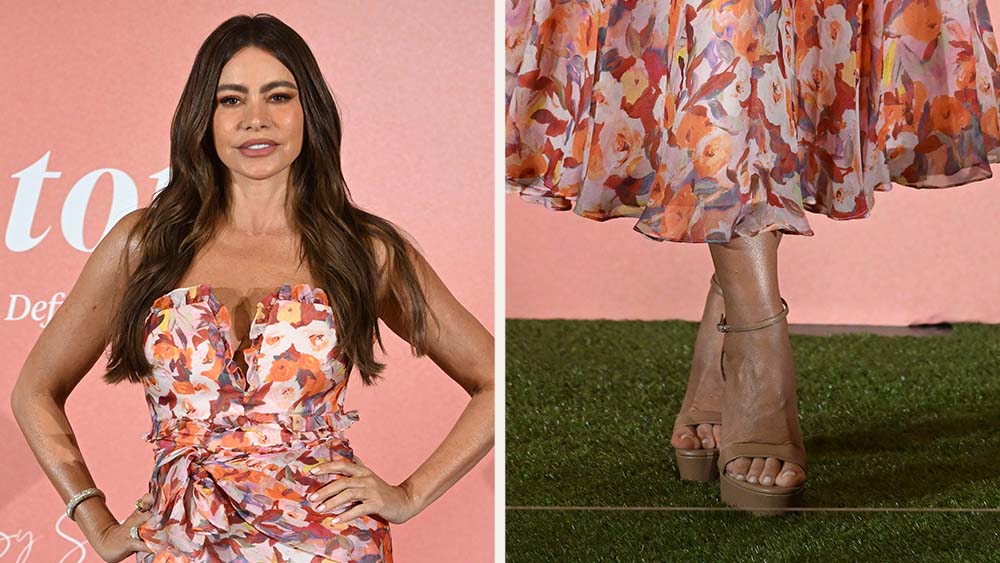 Sofia Vergara in Christian Louboutin Loubi Queen Alta platform heels poses during the presentation of Toty, her beauty brand with Cantabria Labs, at the Four Seasons Hotel on July 2, 2025, in Madrid, Spain.