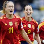 Spain's Alexia Putellas celebrates scoring their side's first goal with Esther Gonzalez against Belgium at Euro 2025