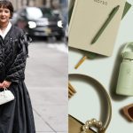 woman dressed in black holding a bag bedecked with a mini water bottle; green mini water bottle laying amidst accessories like sunglasses and a journal
