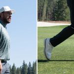 Travis Kelce wearing Sun Day Red Pioneer Magnolia Golf Shoes during the first round of the ACC Celebrity Golf Tournament.