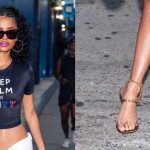 Tyla wearing Amina Muaddi sandals in New York City on July 24, 2025.