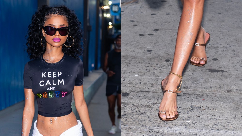 Tyla Blends Minimalism and Streetwear with Luxe Amina Muaddi Heels