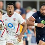 England's Immanuel Feyi-Waboso makes a break during the men's rugby union international between England and the USA at Audi Field in Washington, Saturday, July 19, 2025. (AP Photo/Alex Brandon)