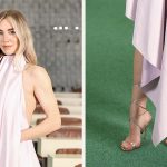 Vanessa Kirby in metallic wrap sandal heels and a Ginvenchy dress in Paris for the "Fantastic Four: First Steps" photo call.