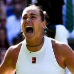 Aryna Sabalenka celebrates her quarter-final win over Laura Siegemund on Centre Court at Wimbledon
