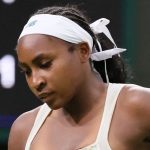 Coco Gauff of the United States reacts as she plays against Dayana Yastremska of Ukraine during the women's singles first-round match on day two of the Wimbledon Championships at the All England Lawn Tennis and Croquet Club in London, on July 1, 2025. ( The Yomiuri Shimbun via AP Images )