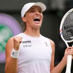 Iga Swiatek of Poland celebrates winning the women's singles quarter final match against Liudmilla Samsonova of Russia at the Wimbledon Tenn