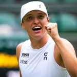 Iga Swiatek of Poland reacts to defeating Liudmila Samsonova in the quarter-final on Day Ten of The Championships Wimbledon 2025 at All Engl