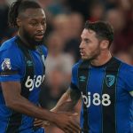 Bournemouth's Antoine Semenyo celebrates with Adam Smith after scoring a goal against Liverpool