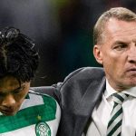 Celtic manager Brendan Rodgers (R) and Reo Hatate at full time