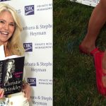 Christie Brinkley wearing red velvet Mary Jane-style ballet flats at the East Hampton Library's Authors Night on Saturday.