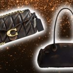 coach tabby and empire carryall bags over a glittery brown background, outlined with a white halo effect