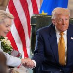 U.S. President Donald Trump shakes hands with President of the European Commission Ursula von der Leyen as he announces a trade deal with the EU at Trump Turnberry golf club on July 27, 2025 in Turnberry, Scotland. U.S. President Donald Trump is visiting his Trump Turnberry golf course, as well as Trump International Golf Links in Aberdeenshire, during a brief visit to Scotland from July 25 to 29.