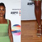 Issa Rae wears Stuart Weitzman gold metallic Georgie strappy sandals in Martha's Vineyward on Saturday.