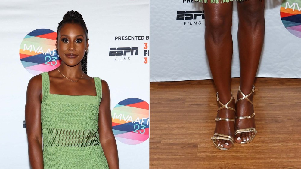 Issa Rae Adds Metallic Twist to Strappy Sandal Trend in Gold Heels