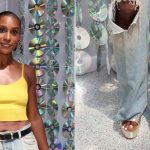 Issa Rae wears metallic Stuart Weitzman platform sandals at the Beverly Center in Los Angeles on Saturday.