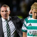 ALMATY, KAZAKHSTAN - AUGUST 26: Celtic's Daizen Maeda (R) and Manager Brendan Rodgers look dejected at full time during a UEFA Champions League Play-Off Secong Leg match between Kairat Almaty and Celtic at the Almaty Ortalyk Stadion, on August 26, 2025, in Almaty, Kazakhstan.  (Photo by Craig Williamson / SNS Group)