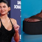 Kylie Jenner wears ERL big flip flop in black.