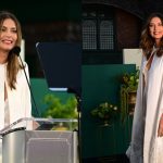 Maria Sharapova wears a custom white Gabriela Hearst look for her induction into the International Tennis Hall of Fame in Newport, RI.