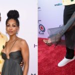 Meagan Good wears wraparound strappy stilettos while attending the Harold & Carole Pump Foundation Gala with her husband Jonathan Majors on Friday.