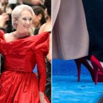 Meryl Streep wearing red satin peep-toe platform pumps on the set of "The Devil Wears Prada 2" on Saturday.