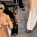 Meryl Streep wearing snakeskin block heel boots on the set of "The Devil Wears Prada 2" on Thursday in New York City.