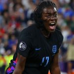 Michelle Agyemang celebrates her stoppage-time equaliser for England against Italy to force extra-time in Euro 2025 semi-final