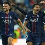 Marquinhos, right, and Goncalo Ramos, left, celebrate after PSG beat Tottenham on penalties to win the UEFA Super Cup