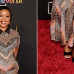 Quinta Brunson wearing patent leather open-toe shoes with a Missoni knit set at Televerse Los Angeles on Saturday.