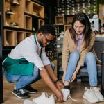 sneaker shopping, shoe shopping, shoe sales clerk, shoe customer