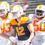 (Brianna Paciorka/News Sentinel / USA TODAY NETWORK) Teammates celebrate a touchdown by Tennessee quarterback Jake Merklinger (12) during Tennessee's Orange & White spring football game at Neyland Stadium on Saturday, April 13, 2024.