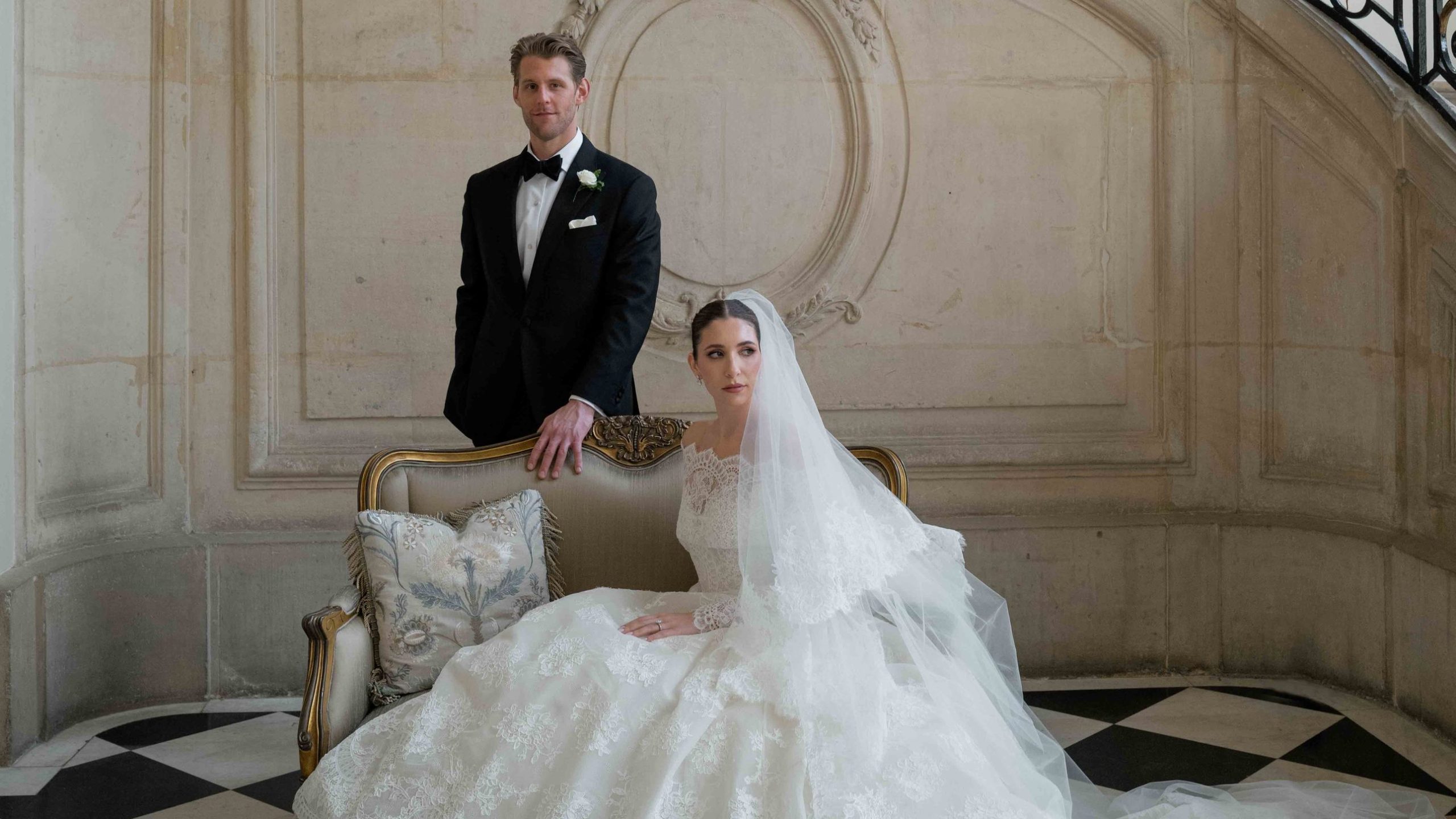 The Bride Wore a Cathedral-Length Veil for Her Wedding at the Musée Rodin in Paris