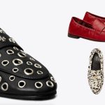 Tory Burch Ballet Loafers on sale this labor day weekend in black leather with silver grommets, red leather, and  animal print pony hair designs