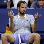 Daniil Medvedev, of Russia, reacts during a match against Benjamin Bonzi, of France, in the first-round of the U.S. Open tennis championships, Sunday, Aug. 24, 2025, in New York. (AP Photo/Adam Hunger)