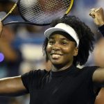 Venus Williams celebrates her win over Peyton Stearns during a match at the Citi Open tennis tournament Tuesday, July 22, 2025, in Washington. (AP Photo/Nick Wass)