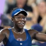 Victoria Mboko of Canada reacts following her semi-final win over Elena Rybakina at the National Bank Open in Montreal