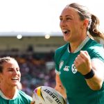 England , United Kingdom - 31 August 2025; Anna McGann of Ireland celebrates with team-mate Emily Lane, left, after scoring her side's seventh try during the Women's Rugby World Cup 2025 Pool C match between Ireland and Spain at Franklin's Gardens in Northampton, England. (Photo By Harry Murphy/Sportsfile via Getty Images)