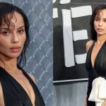 Zoë Kravitz wears a custom satin black and white Saint Lauren at the Caught Stealing U.K. premiere on Aug. 19, 2025 in London.