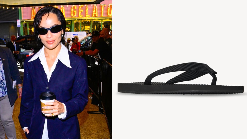Zoë Kravitz Pairs Denim Suit With The Row’s Dune Flip Flop in New York