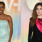 Jessica Williams in a strapless seafoam green sequin dress, left, and Kathryn Hahn in Valentino at the Apple TV+ Primetime Emmy Party on Sept. 14, 2025 in Los Angeles.