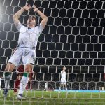 Ireland's Evan Ferguson reacts after missing to score during a World Cup 2026 group F qualifying soccer match between Armenia and Ireland at the Vazgen Sargsyan stadium in Yerevan, Armenia, Tuesday, Sept. 9, 2025. (AP Photo/Hakob Berberyan)