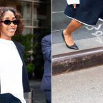 Ayo Edebiri is seen wearing The Row’s Liisa Pumps in black in Midtown on Saturday, September 27, 2025 in New York City.