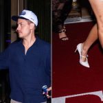 Barbara Palvin wearing white Casadei lace pumps with her husband Dylan Sprouse arriving at the U.S. Open on Saturday.