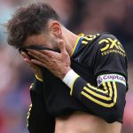 Bruno Fernandes reacts after his penalty is saved