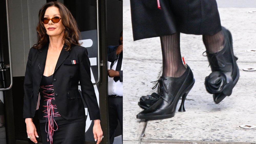Catherine Zeta-Jones Laces up Thom Browne Heels to Promote ‘Wednesday’